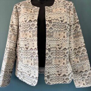 Tahari Arthur S. Levine Ivory Tan Silver Aztec Open Front Jacket Metallic Sz 10